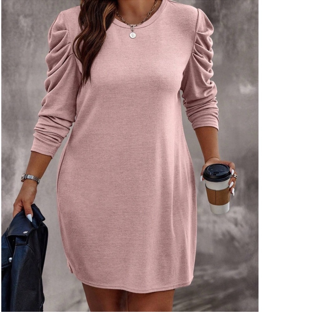 Plus Solid Round Neck Puff Long Sleeve Dress 1X 2X 3X 4X